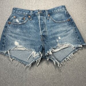 Levis 501 Original Distressed Cut Off Denim Shorts Medium Wash Womens 25